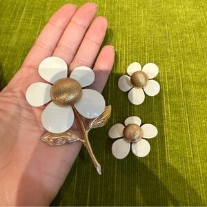 Sarah Coventry 1960s Gold and White Enamel Brooch and Earrings